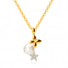 Zlatý 9K náhrdelník - lesklá retiazka v žltom zlate, gulička v perleťovej farbe, motýlik, zirkónový kvet