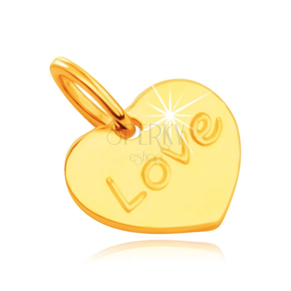 9K prívesok v žltom zlate - ploché symetrické srdce s gravírovaným nápisom Love, zrkladlový lesk