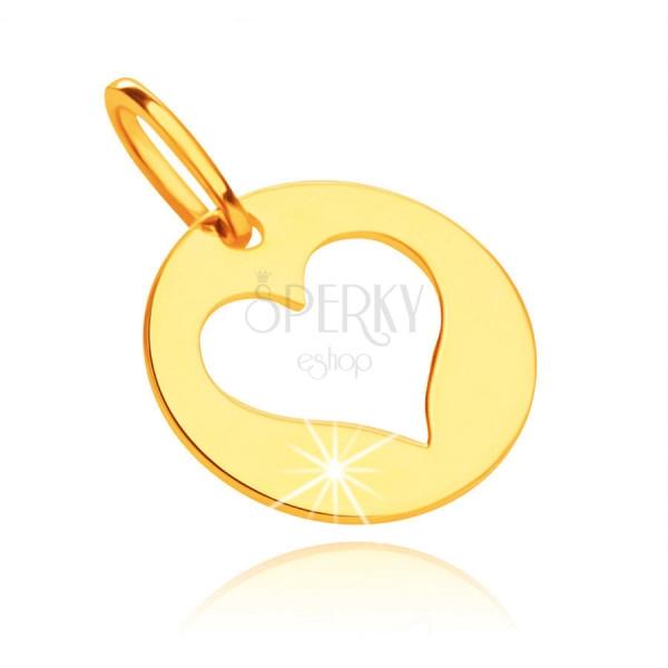 Prívesok zo žltého 14K zlata - lesklý kruh s výrezom srdca 