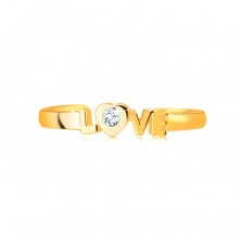 Prsteň zo žltého zlata 375 s otvorenými ramenami - nápis "LOVE", okrúhly číry zirkón v srdiečku