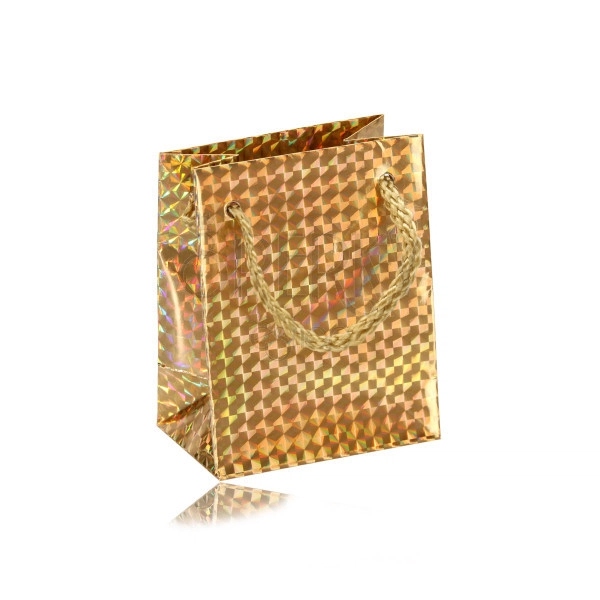 Papierová darčeková taštička holografická - zlatá farba, hladký lesklý povrch