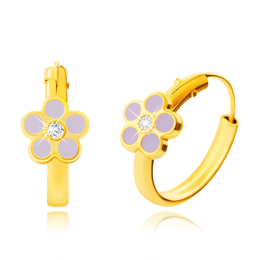 E-shop Šperky Eshop - Zlaté náušničky - 14K zlato kruhy, fialový kvet s okrúhlym čírym zirkónom, 12 mm S2GG242.48