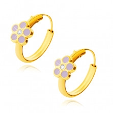 Zlaté náušničky - 14K zlato kruhy, fialový kvet s okrúhlym čírym zirkónom, 12 mm