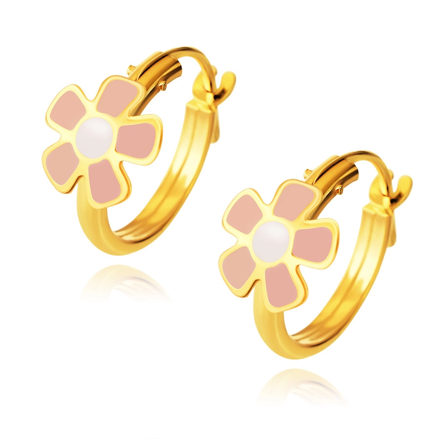 E-shop Šperky Eshop - 14K zlaté náušnice - kruhy s kvietkom, ružové lupene, biely stred, 10 mm S2GG242.55