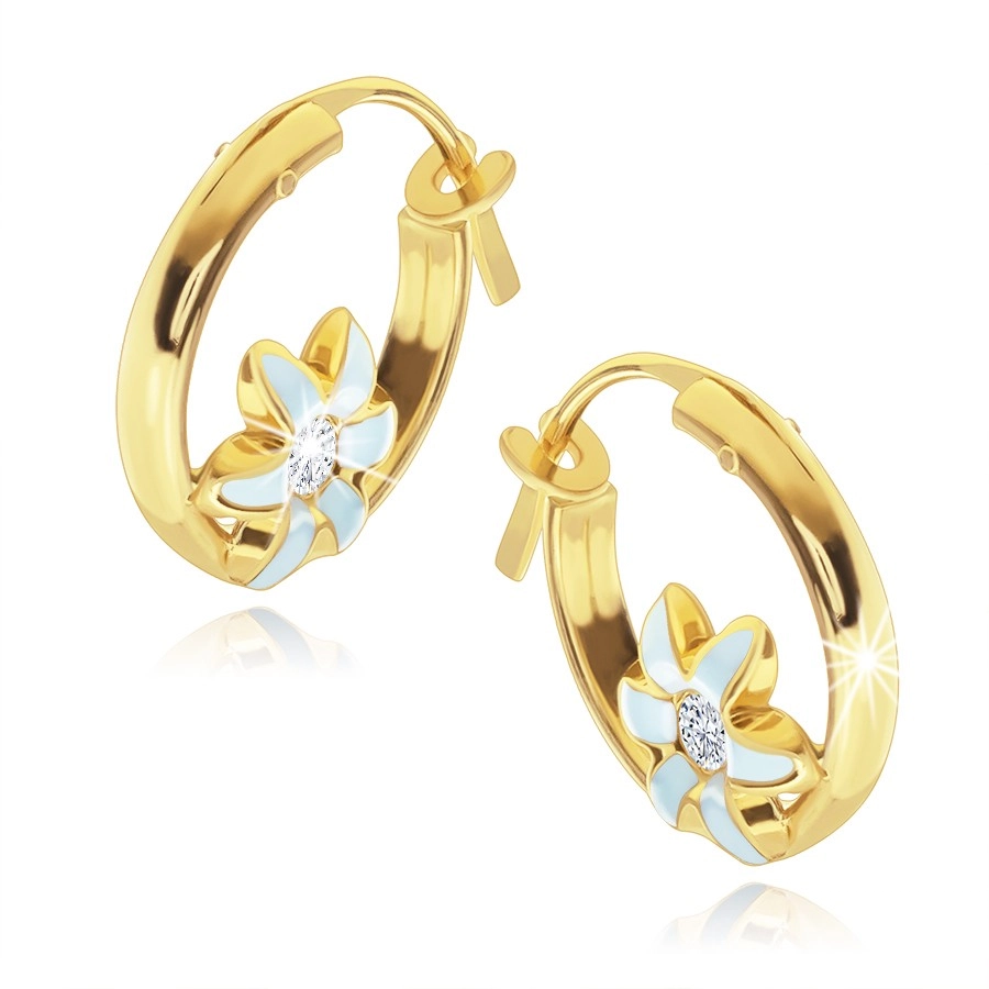 E-shop Šperky Eshop - Zlaté 14K náušnice - menšie kruhy, svetlomodrý kvietok, číry zirkón, 12 mm S2GG242.56
