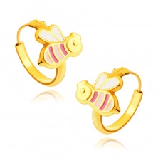 Zlaté náušnice 585 – malé krúžky, včeličky ružovej farby s bielymi krídlami, 12 mm