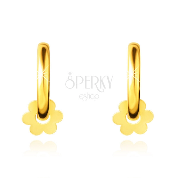 14K zlaté náušnice – krúžky, posuvný zrkadlovolesklý kvietok, 12 mm