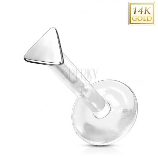 Zlatý 14K piercing do nosa, ucha, pery - malý rovnoramenný trojuholník, priesvitný Bioflex