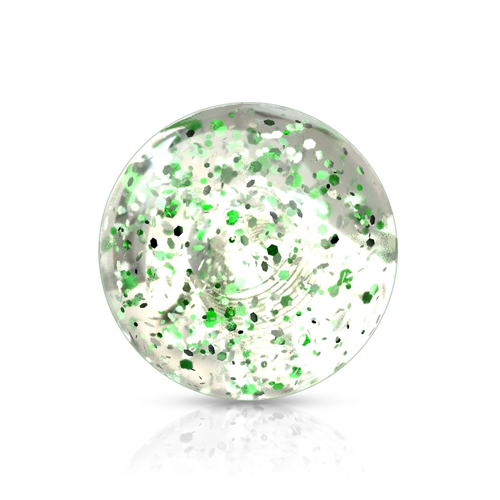 Plastová priehľadná gulička na piercing so zelenými flitrami, 5 mm, sada 10 ks