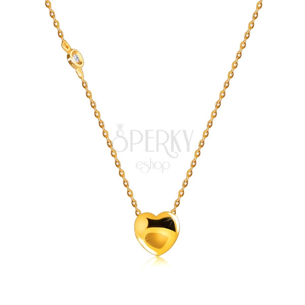 Zlatý 14K náhrdelník s diamantom - hladké lesklé srdce, okrúhla objímka, retiazka s očkami
