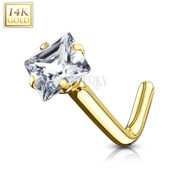 Piercing do nosa zo žltého 14K zlata - zahnutý, číry štvorcový zirkón, 0,8 mm