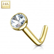 Piercing do nosa zo žltého 14K zlata - zahnutý, číry zirkón, objímka, 1 mm