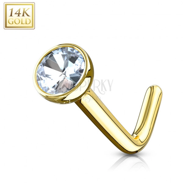 Piercing do nosa zo žltého 14K zlata - zahnutý, číry zirkón, objímka, 1 mm