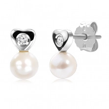 Diamantové náušnice z bieleho 9K zlata - drobné srdce, číry briliant, hladká perla 