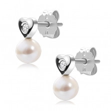 Diamantové náušnice z bieleho 9K zlata - drobné srdce, číry briliant, hladká perla 