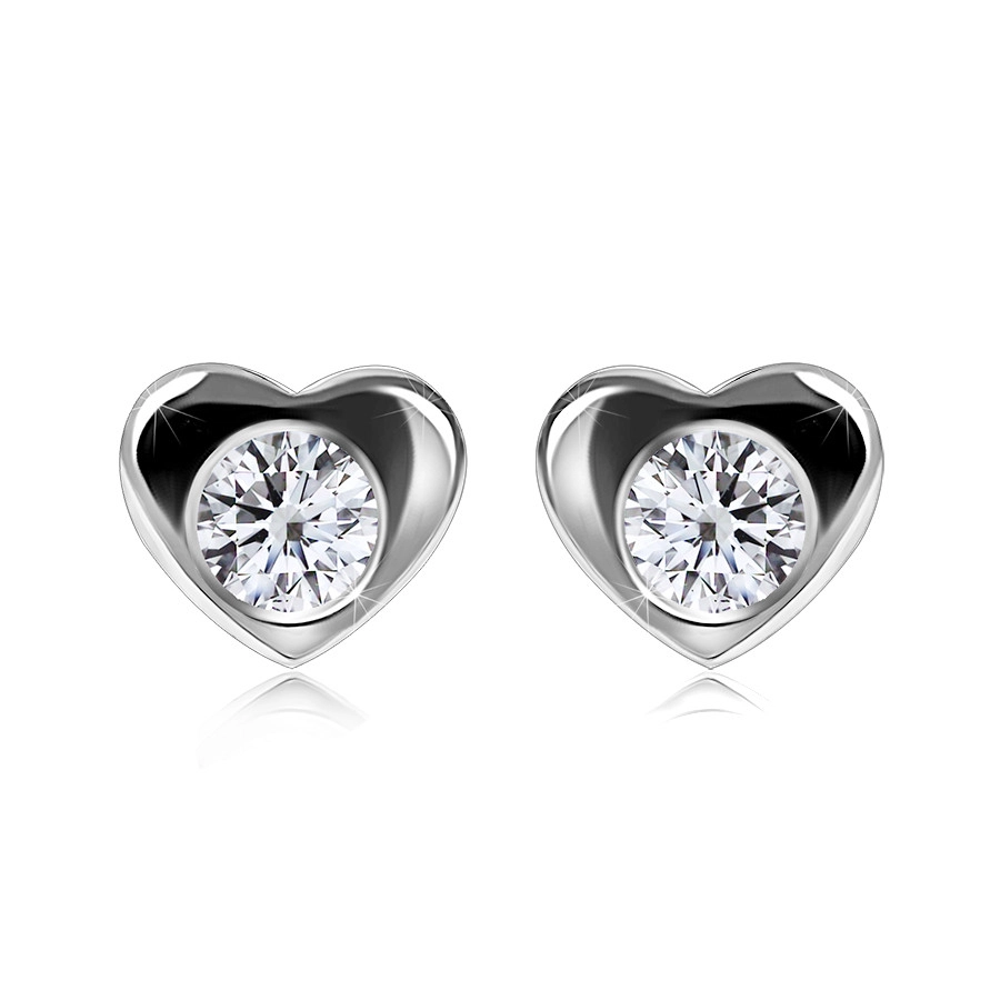 E-shop Šperky Eshop - Briliantové náušnice z bieleho 375 zlata - lesklé srdce, okrúhly diamant, puzetky S3BT509.17