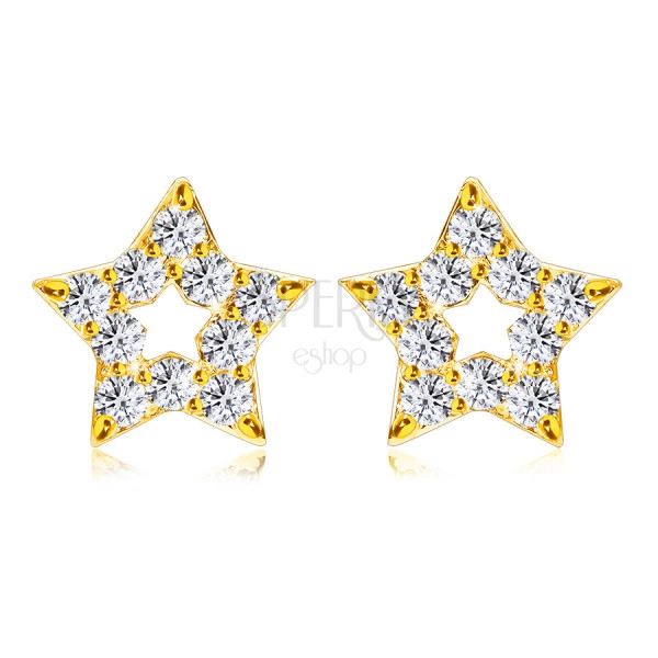 Briliantové náušnice z 375 žltého zlata - obrys hviezdičky, okrúhle diamanty, puzetky 