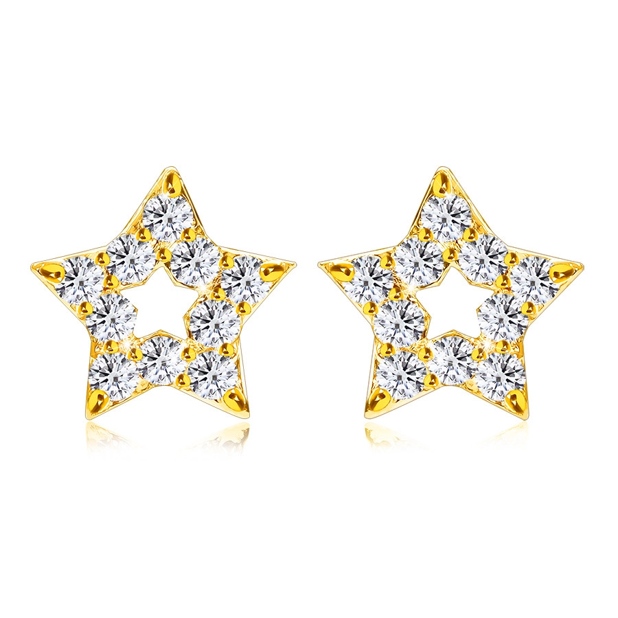 Briliantové náušnice z 375 žltého zlata - obrys hviezdičky, okrúhle diamanty, puzetky 