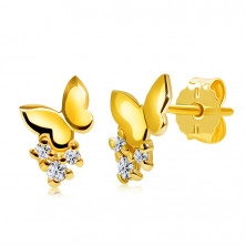 Briliantové náušnice z 9K žltého zlata - malý motýľ, okrúhle číre diamanty, puzetky 