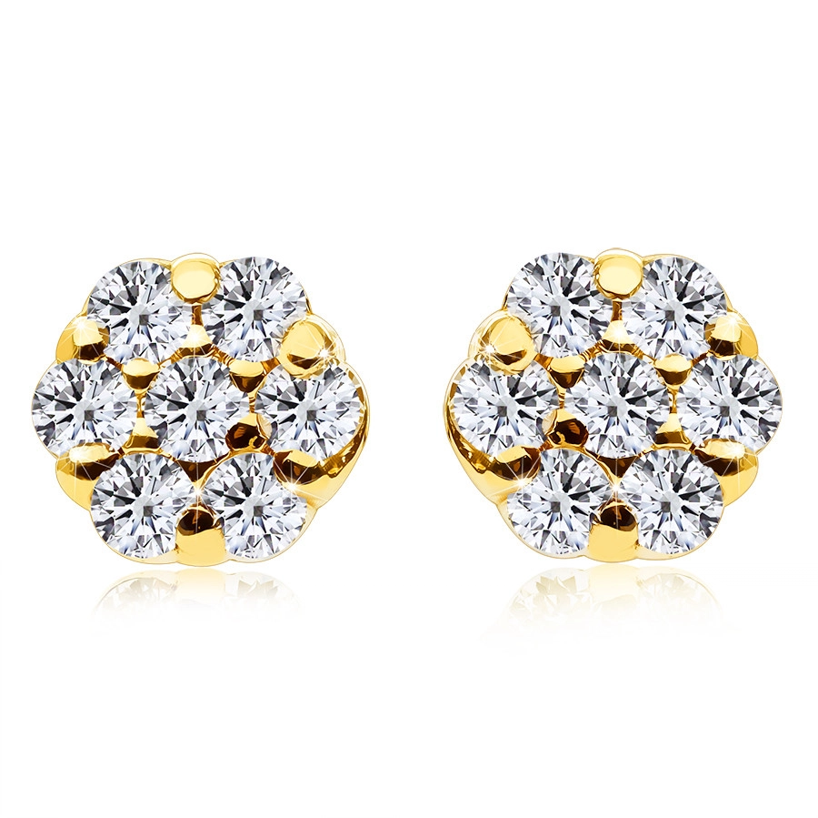 E-shop Šperky Eshop - Briliantové náušnice z 375 zlata - kvetinka, okrúhle číre diamanty, puzetky S3BT509.45