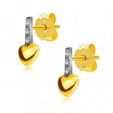 Diamantové náušnice z 9K kombinovaného zlata - pásik s briliantmi, hladké srdce, puzetky