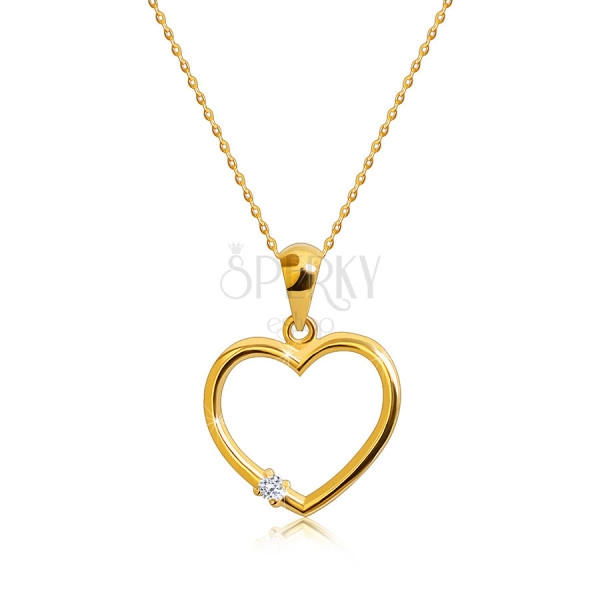 Briliantový náhrdelník zo 14K žltého zlata - kontúra srdca, okrúhly diamant, tenká retiazka 