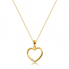 Briliantový náhrdelník zo 14K žltého zlata - kontúra srdca, okrúhly diamant, tenká retiazka 