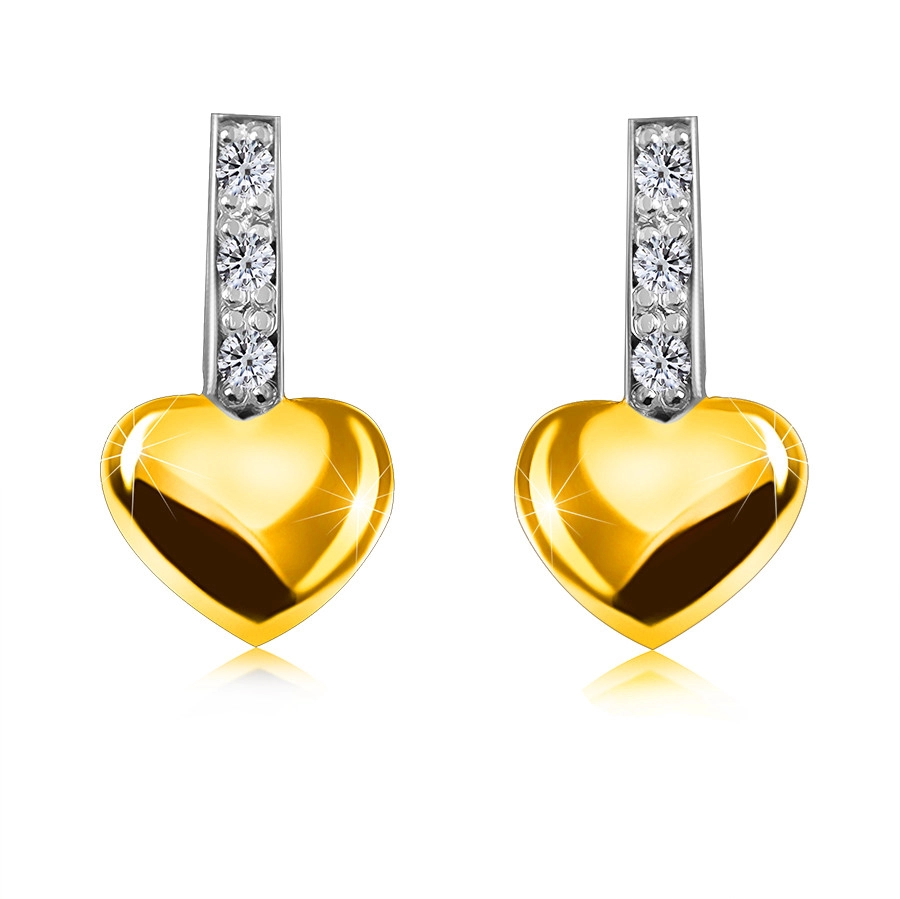 E-shop Šperky Eshop - Briliantové náušnice zo 14K kombinovaného zlata - pásik s diamantami, hladké srdce, puzetky S3BT509.27