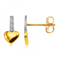 Briliantové náušnice zo 14K kombinovaného zlata - pásik s diamantami, hladké srdce, puzetky