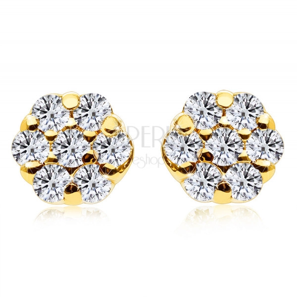 Diamantové náušnice zo 14K žltého zlata - malý kvet, okrúhle číre diamanty, puzetky