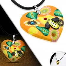 Fimo náhrdelník - oranžové srdce s kvetmi a včelička
