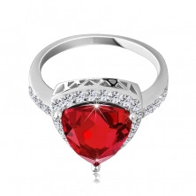 Strieborný 925 prsteň, mohutný červený zirkón - trojuholník, drobné zirkóniky, výrezy