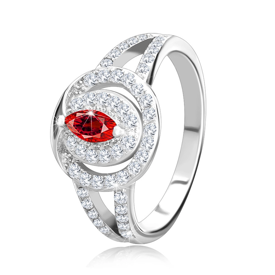 Strieborný prsteň 925, mohutná ozdoba - číra zirkónová obruč s červeným zirkónovým zrnkom, zdvojené ramená - Veľkosť: 52 mm