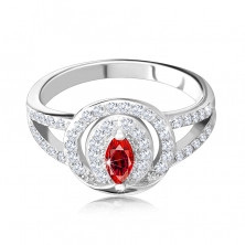 Strieborný prsteň 925, mohutná ozdoba - číra zirkónová obruč s červeným zirkónovým zrnkom, zdvojené ramená