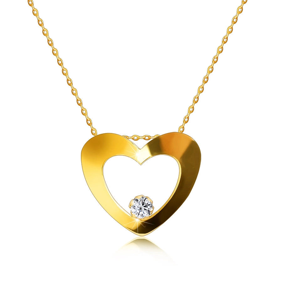 E-shop Šperky Eshop - Briliantový náhrdelník zo žltého 14K zlata - silueta srdca s výrezom, okrúhly diamant v spodnej časti S3BT509.78