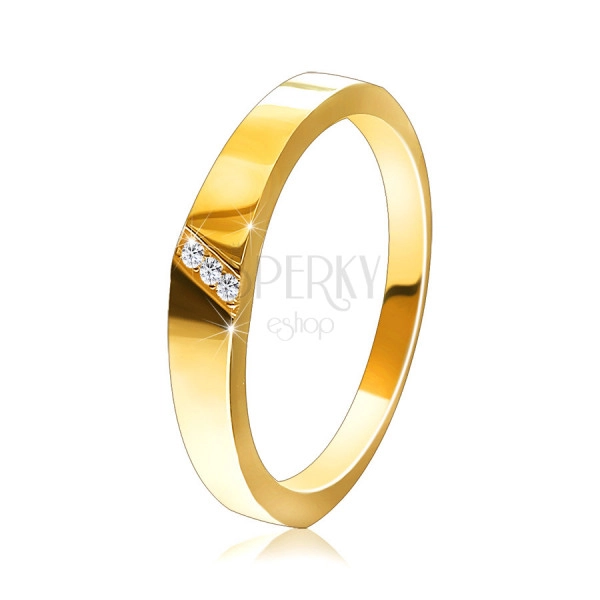 Zlatý prsteň v 14K zlate - diagonálny zárez s osadenými zirkónmi