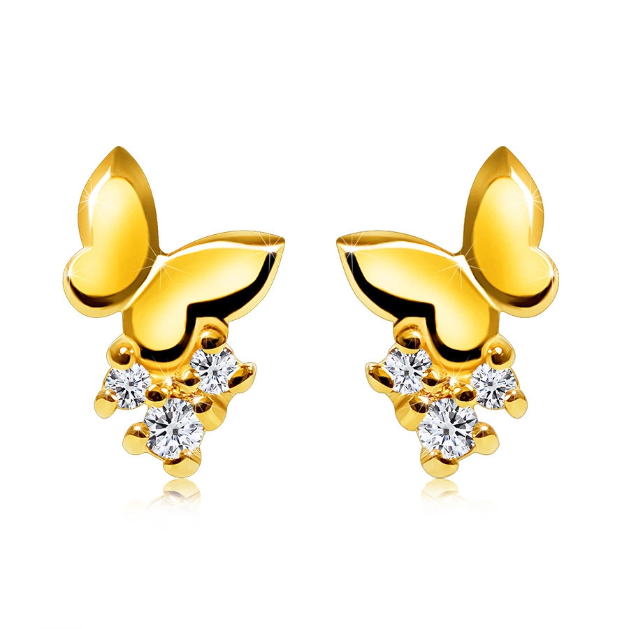 E-shop Šperky Eshop - Briliantové náušnice zo žltého zlata 585 - plný zrkadlovo lesklý motýľ, okrúhle číre diamanty, puzetky S3BT509.80