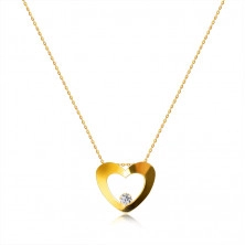Briliantový náhrdelník zo žltého zlata 375 - silueta srdca s výrezom, okrúhly diamant v spodnej časti