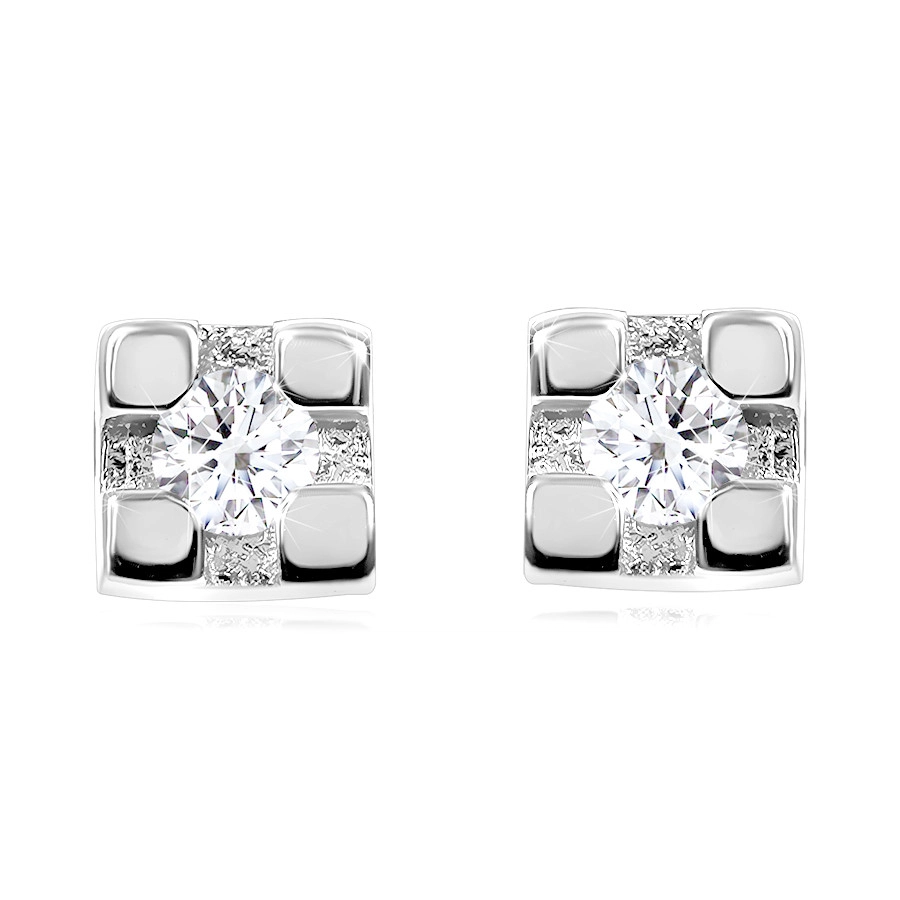 E-shop Šperky Eshop - Briliantové náušnice z bieleho 14K zlata - štvorec s okrúhlym diamantom, puzetky S3BT509.84