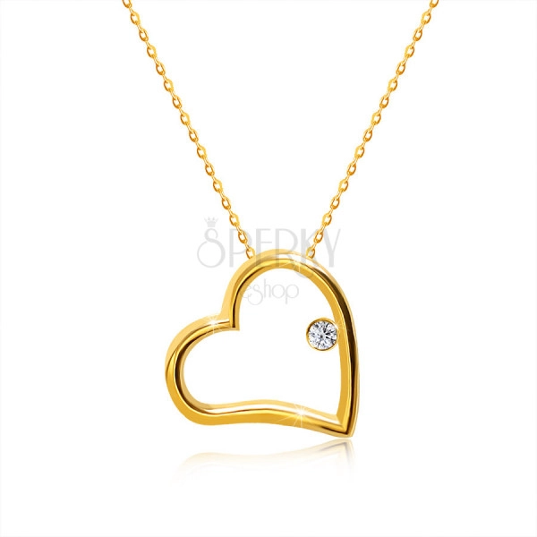 Diamantový náhrdelník v žltom 14K zlate - lesklý obrys srdca s briliantom