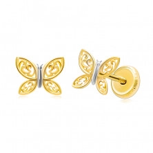 Náušnice zo 14K kombinovaného zlata - dvojfarebný motýľ s vyrezávanými krídlami, puzetky