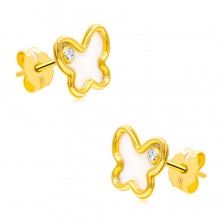 Puzetové náušnice z 9K žltého zlata - motýlik s prírodnou perleťou a zirkónom