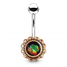 Oceľový piercing do pupka - filigránový kvet so syntetickým opálom, rôzne farby