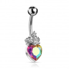 Piercing do bruška z ocele - srdce s tiarou zdobené kryštálmi, rôzne farby, ródiované