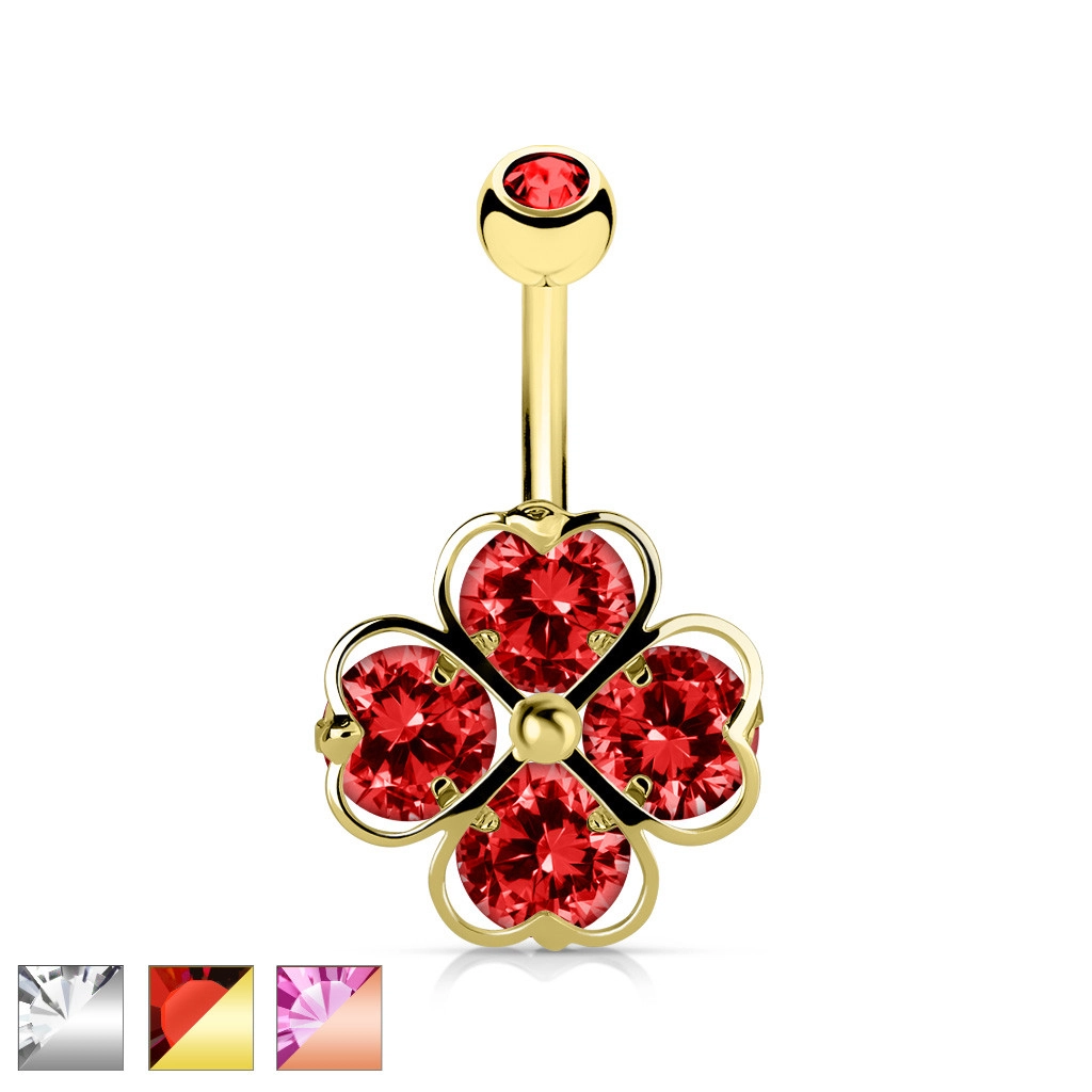 Oceľový piercing do pupka - štvorlístok pre šťastie s okrúhlymi zirkónmi, rôzne farby - Farba piercing: Medená - ružová