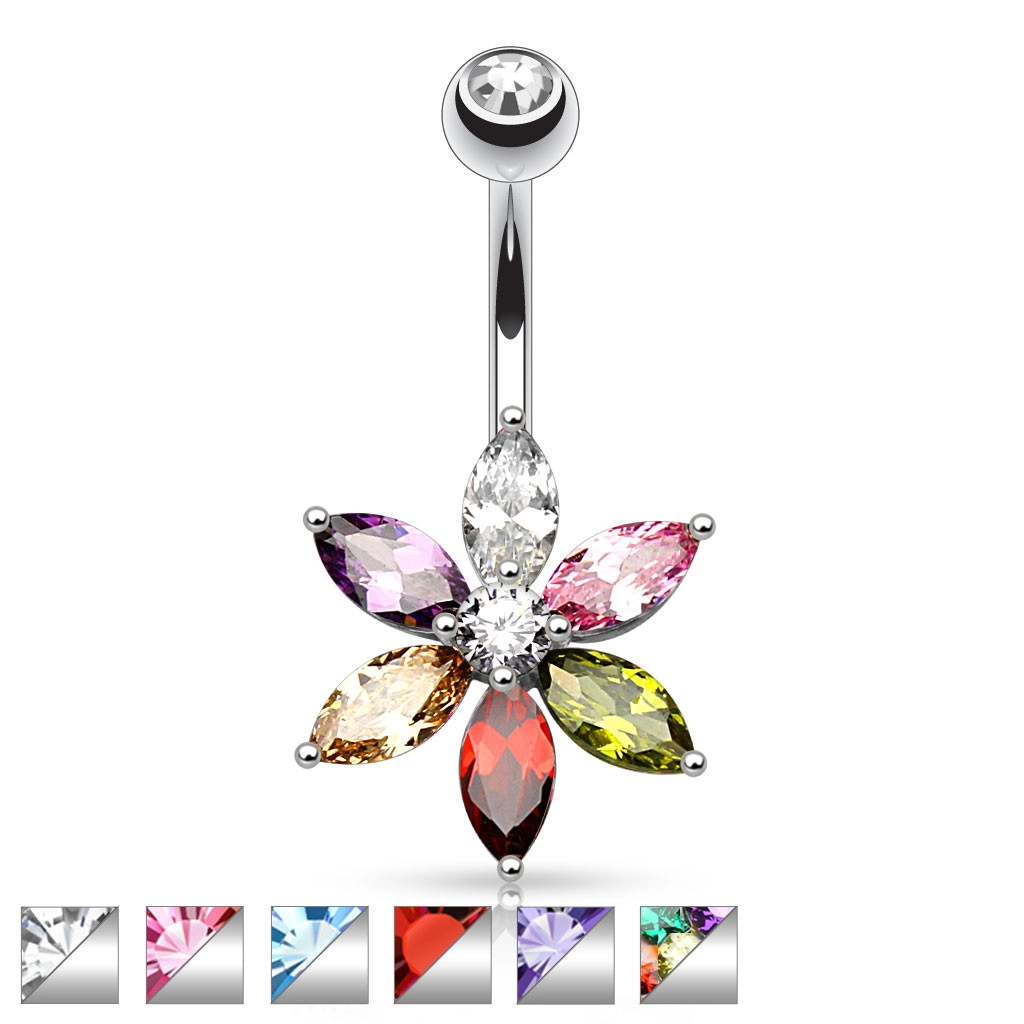 Piercing do pupka z ocele - trblietavý kvet, lupene v tvare zrnka, rôzne farby - Farba: Dúhová