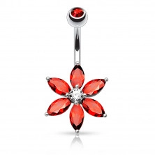 Piercing do pupka z ocele - trblietavý kvet, lupene v tvare zrnka, rôzne farby