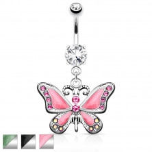 Piercing do pupka z chirurgickej ocele - visiaci motýľ s perleťovou glazúrou, žiarivé zirkóny, rôzne farby