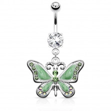 Piercing do pupka z chirurgickej ocele - visiaci motýľ s perleťovou glazúrou, žiarivé zirkóny, rôzne farby