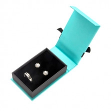 Darčeková krabička na briliantové šperky - tyrkysové prevedenie s logom a čiernou mašľou, obdĺžnik